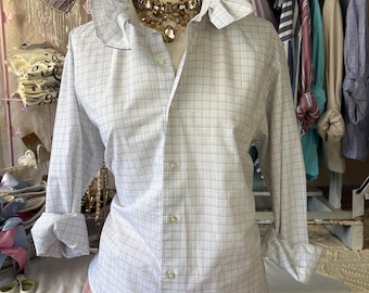 Reworked MEDIUM White and Black  Blouse Upcycled Ruffle Collar Dress Shirt Coastal Game Day Top Preppy Slow Fashion