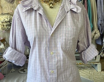 Reworked MEDIUM Lavendar and Baby Blue Plaid Blouse Upcycled Ruffle Collar Dress Shirt Coastal Game Day Top Preppy Slow Fashion