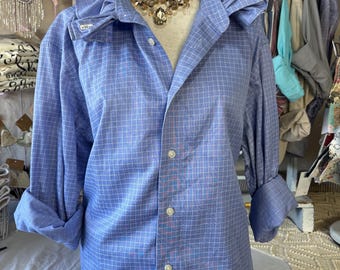 Reworked MEDIUM Blue Egara Blouse Upcycled Ruffle Collar Dress Shirt Coastal Game Day Top Preppy Slow Fashion