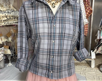 Reworked SMALL Gray and Aqua Plaid Blouse Upcycled Ruffle Collar Dress Shirt Coastal Dark Academia Top Preppy Slow Fashion Refashioned