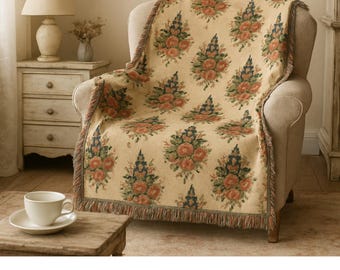 Americana Cottagecore Woven Blanket Patchwork Flag Throw Rustic Farmhouse Decor Vintage Inspired Ralph Lauren Inspired Floral