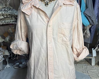 Reworked MEDIUM Apricot Blouse Upcycled Ruffle Collar Dress Shirt Coastal Game Day Top Preppy Slow Fashion