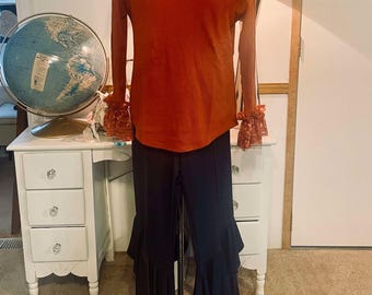 Rust Vintage Lace Ruffle Cuff Thermal Top  Cozy BohoInspired Layered Shirt