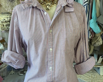 Reworked MEDIUM Royal Blue and Rust Checked Blouse Upcycled Ruffle Collar Dress Shirt Coastal Game Day Top Preppy Slow Fashion