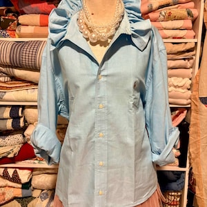 Upcycled Button Down Shirt XL XXL plus Size Ruffle Collar Blouse Repurposed Men’s Dress Shirt Preppy  Top One-of-a-Kind Modern Preppy