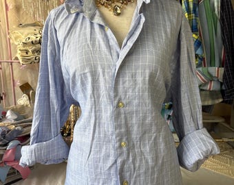 Reworked LARGE Blue and White Blouse Upcycled Ruffle Collar Dress Shirt Coastal Game Day Top Preppy Slow Fashion