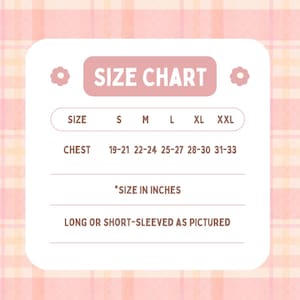 K&ouml;nnte beinhalten: Eine rosa Gr&ouml;&szlig;entabelle mit dem Text "SIZE CHART". Die Gr&ouml;&szlig;en S, M, L, XL und XXL sind aufgef&uuml;hrt, mit Brustma&szlig;en in Zoll. Die Brustma&szlig;e reichen von 19-21 bis 31-33. Der Text "*SIZE IN INCHES" steht darunter.