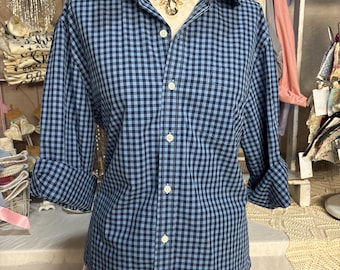 Reworked SMALL Blue and Navy Check Blouse Upcycled Ruffle Collar Dress Shirt Coastal Dark Academia Top Preppy Slow Fashion Refashioned