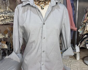 Reworked SMALL White and Grey Stripe Blouse Upcycled Ruffle Collar Dress Shirt Coastal Dark Academia Top Preppy Slow Fashion Refashioned