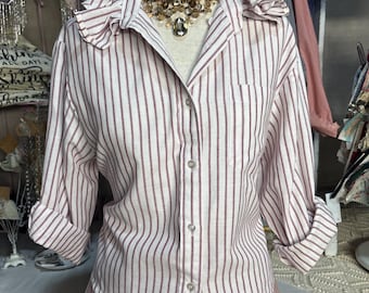 Reworked SMALL White and Maroon Blouse Upcycled Ruffle Collar Dress Shirt Coastal Dark Academia Top Preppy Slow Fashion Refashioned Clothing