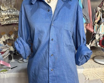 Reworked MEDIUM Van Heussen Royal Blouse Upcycled Ruffle Collar Dress Shirt Coastal Game Day Top Preppy Slow Fashion