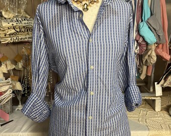 Reworked MEDIUM Thomas Dean Royal Blue and White Blouse Upcycled Ruffle Collar Dress Shirt Coastal Game Day Top Preppy Slow Fashion