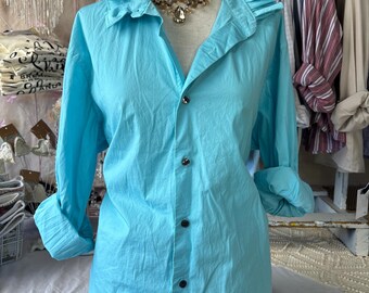 Reworked MEDIUM Aqua Turquoise Blouse Upcycled Ruffle Collar Dress Shirt Coastal Game Day Top Preppy Slow Fashion