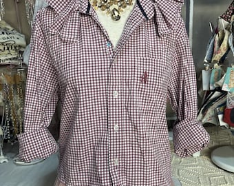 Reworked SMALL White and Maroon Ginghan Blouse Upcycled Ruffle Collar Dress Shirt Coastal Dark Academia Top Preppy Slow Fashion Refashioned
