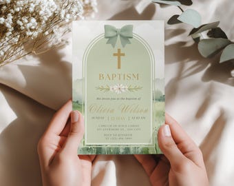 Sage Green Wildflower Baptism Invitation (Digital Download) – Editable Canva Template