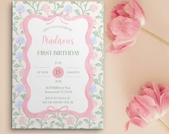 Pink Bow First Birthday Invitation, Editable Canva Template (Digital Download)