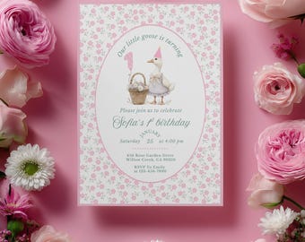Little Goose 1st Birthday Invitation, Boho Neutral Party Invite (Digital Download)