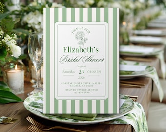 Classic Green Stripe Bridal Shower Invitation, Elegant Botanical Invite, Editable Canva Template, Printable 5x7"