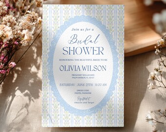 Classic Striped Blue Floral Baby Shower Invitation Editable Canva Template Vintage Floral Invite