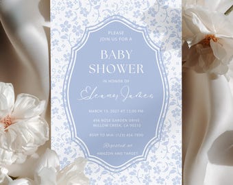 Vintage Blue Floral Baby Shower Invitation Template (Digital Download)