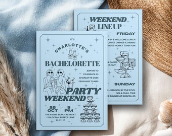 Retro Bachelorette Party Invitation, Blue Weekend Itinerary (Digital Download, Canva Template 5x7 inches )