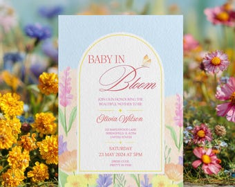 Wildflower Baby Shower Invitation, Pastel Garden Party, Editable Canva Template (Digital Download)