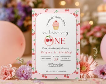 Sweet Cherry Birthday Invitation, First Birthday Party Invite (Digital Download)