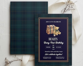Plaid Teddy Bear Baby Shower Invitation, Preppy Bear Invite (Editable Canva Template)