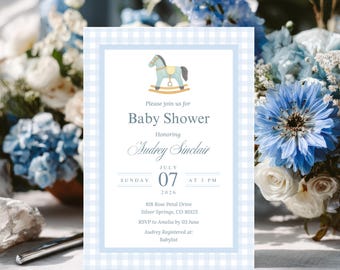 Rocking Horse Baby Shower Invitation, Blue Baby Shower Invitations, Editable Canva Template (Digital Download)