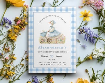 Little Goose Birthday Invitation, Editable Canva Template (Digital Download)