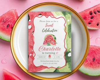 Watermelon Birthday Invitation, One in a Melon Party Invite, Summer Kids (Digital Download)