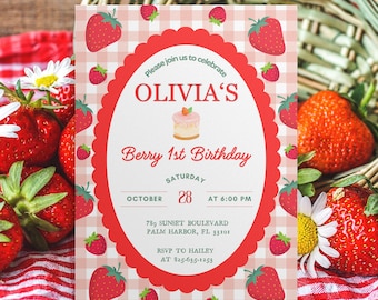 Strawberry Berry First Birthday Invitation, Editable Canva Template (Digital Download)