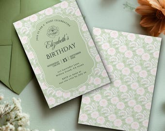 Green Birthday Invitation, Floral Editable Canva Template (Digital Download)