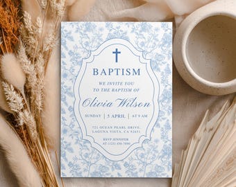 Blue Toile Baptism Invitation, First Communion Christening Invite (Digital Download)