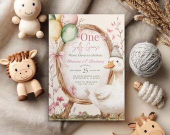 One Silly Goose First Birthday Invitation, Canva Editable Template
