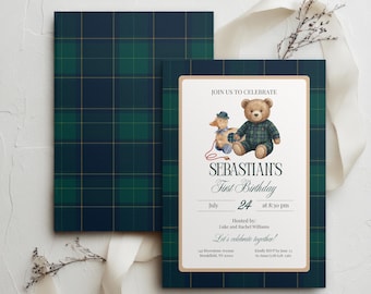 Polo Ralph Lauren Inspired Teddy Bear Birthday Invitation, Editable Canva Template (Digital Download)