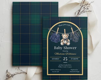 Plaid Teddy Bear Baby Shower Invitation, Polo Ralph Lauren Inspired Teddy Bear Invitation, Editable Canva Template (Digital Download)