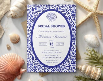 Coastal Bridal Shower Invitation, Editable Canva Template (Digital Download)