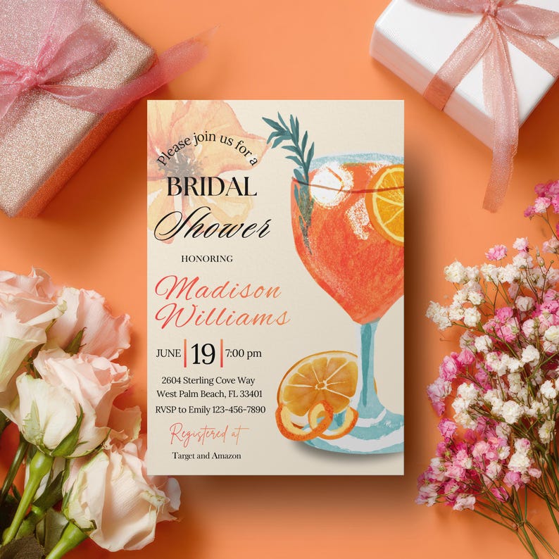May include: Bridal shower invitation with a watercolor illustration of a cocktail with orange slices. The invitation includes the text "Please join us for a Bridal Shower honoring Madison Williams" and event details.