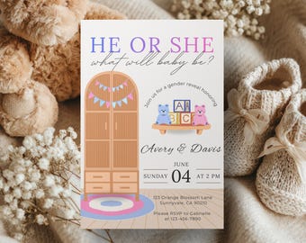 Baby Closet Gender Reveal Invitation – He or She Canva Template (Digital Download)