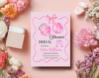 Pink Disco Ball Bridal Shower Invitation, Editable Canva Template (5x7 inches)