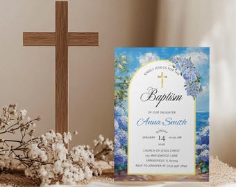 Blue Hydrangea Baptism Invitation Template – Coastal Floral Christening (Digital Download)