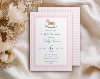 Rocking Horse Baby Shower Invitation, Pink Baby Shower Invitations, Editable Canva Template (Digital Download)