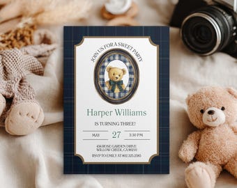 Plaid Preppy Bear Birthday Invitation, Editable Canva Template (Digital Download)