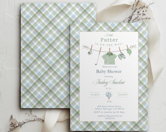 Golf Baby Shower Invitation, A Little Putter is on the Way Invite, Editable Canva Template (Digital Download)