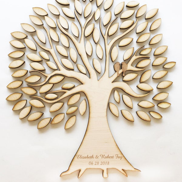 Personalized wood tree wedding guest book with engraved love birds in tree and leaves,  wedding keepsake, Anniversary, family tree history