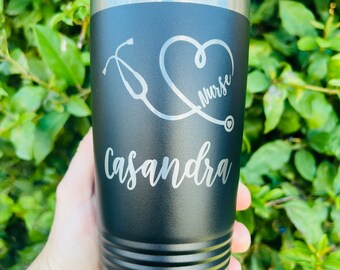 Personalized Nurse Tumbler, Engraved  20 oz. Stainless Steel Black Double Wall Insulated Tumbler, Powder Coated Tumbler, Doctors Office