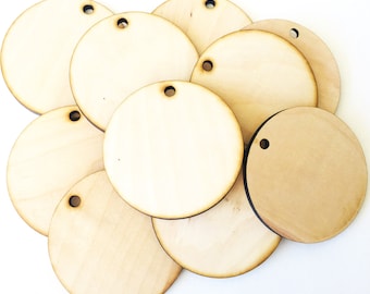 Unfinished Large Round Wood Circle Discs with hole 3 1/2" Set of 10 wood ornament shape Holiday Craft supplies for crafting for Christmas