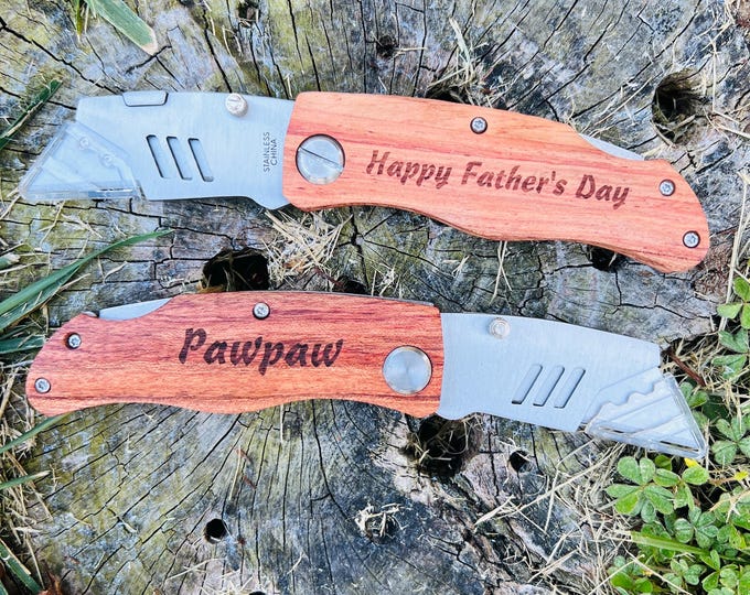 Groomsmen Gift Knife with Wood Handle and Blade, Custom Box Cutter, Multi Purpose Tool, Men's Gift, Have a Knife Day Dad Gift for Best Man