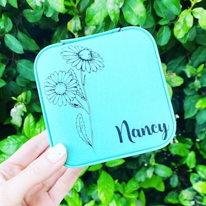 Personalized Leatherette Jewelry Box for her Birth Month Custom Travel jewelry box Jewelry storage box for earrings and ring case for fiancé